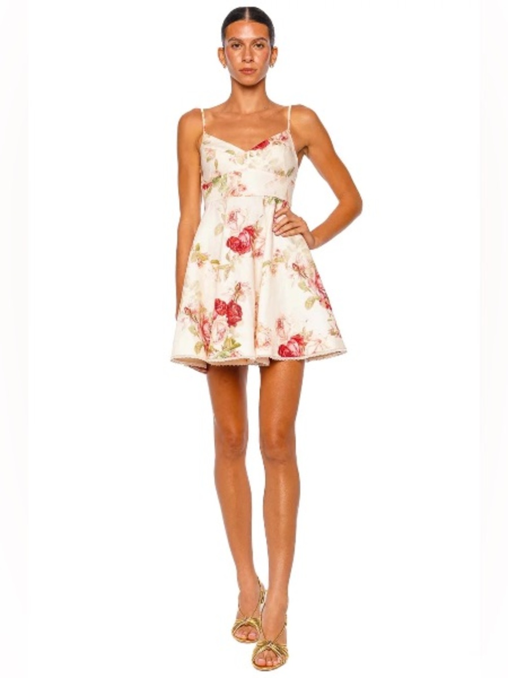 Zimmermann White Floral Spaghetti-Strap Mini Dress with Pink & Green Roses